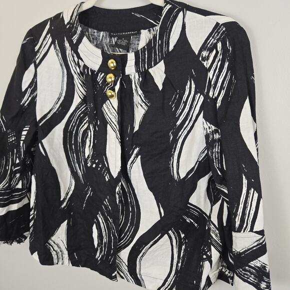 Grace Elements Black White Linen Style Jacket Size 4 Cropped Gold Buttons MOBWIF - Picture 2 of 7